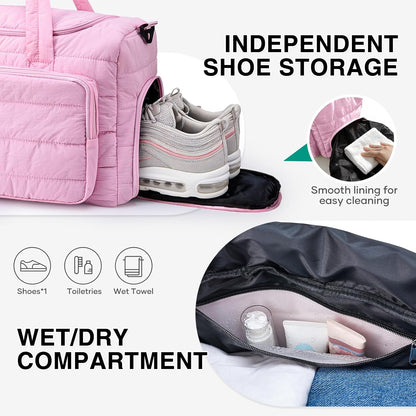Pink Gym Bag for Women, Cute Travel Duffel Bag with Shoe Compartment & Wet Pocket, Lightweight Puffer Weekender Overnight Bag, Travel Carry On for Sport, Hospital, Yoga