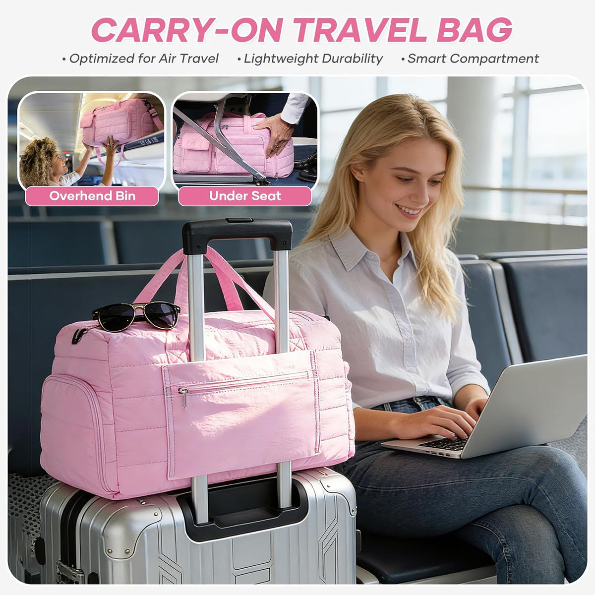 Pink Gym Bag for Women, Cute Travel Duffel Bag with Shoe Compartment & Wet Pocket, Lightweight Puffer Weekender Overnight Bag, Travel Carry On for Sport, Hospital, Yoga