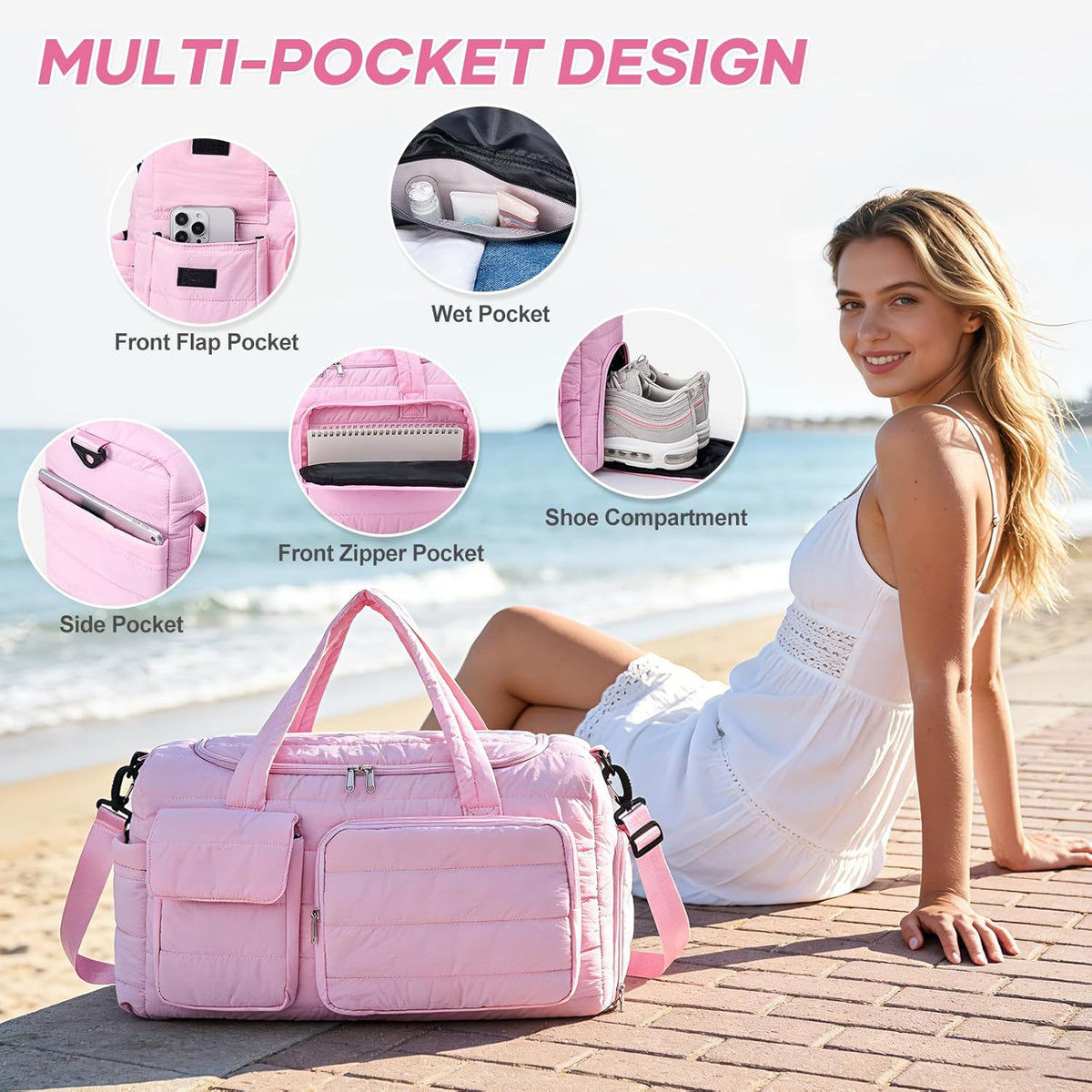 Pink Gym Bag for Women, Cute Travel Duffel Bag with Shoe Compartment & Wet Pocket, Lightweight Puffer Weekender Overnight Bag, Travel Carry On for Sport, Hospital, Yoga