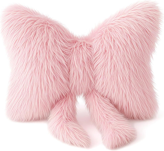 1 Pc Pink Bow Pillow, Plush Faux Fur, 16 x 12 Inch