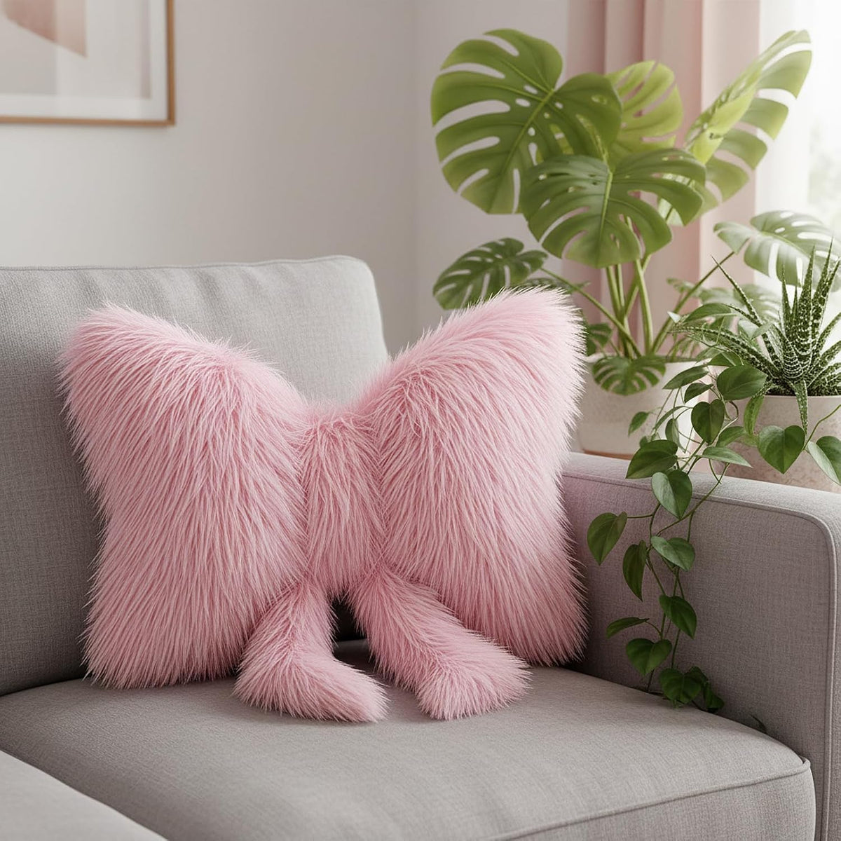 1 Pc Pink Bow Pillow, Plush Faux Fur, 16 x 12 Inch