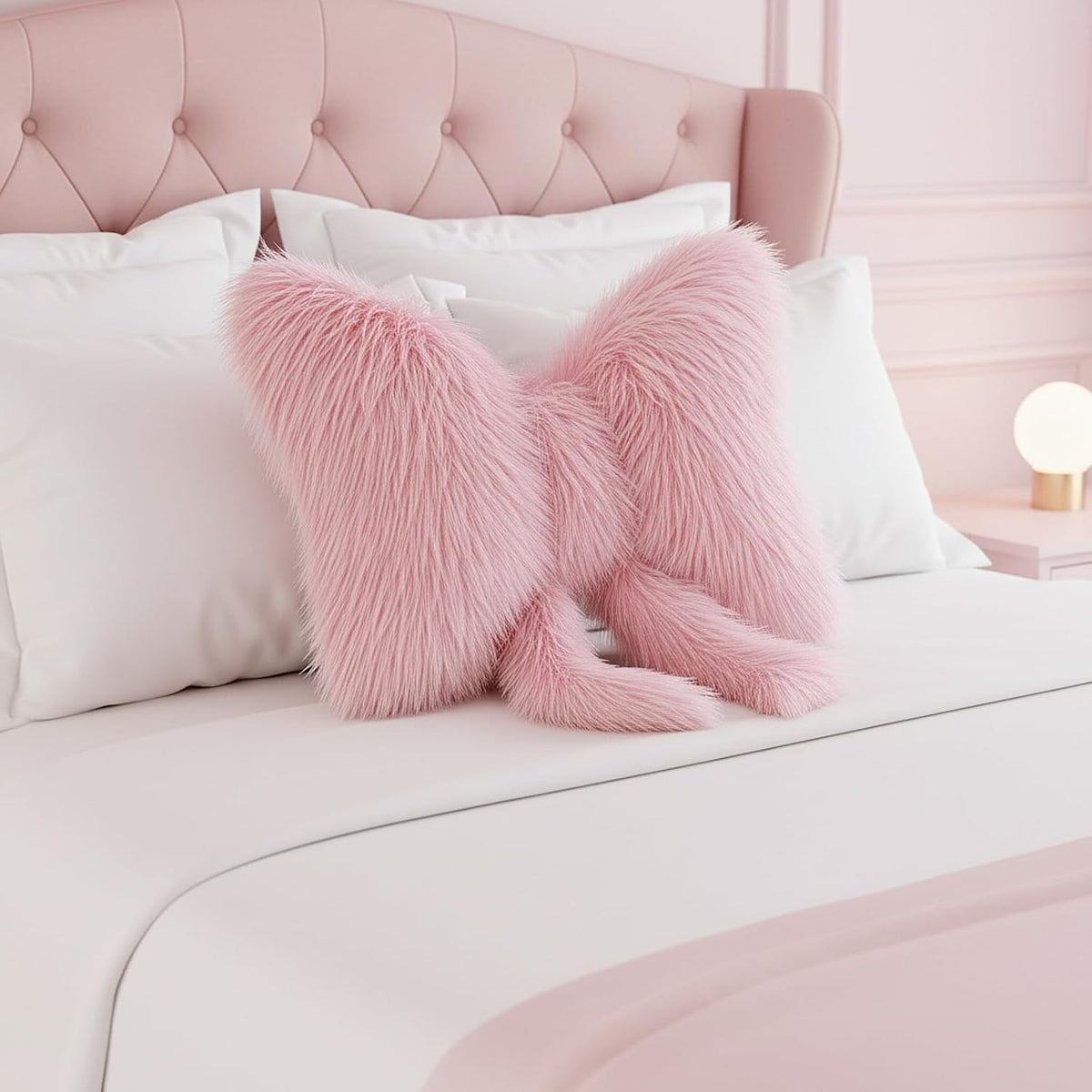 1 Pc Pink Bow Pillow, Plush Faux Fur, 16 x 12 Inch