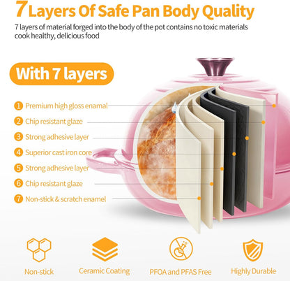 6QT Enameled Cast Iron Pink Dutch Oven For Sourdough Bread Baking