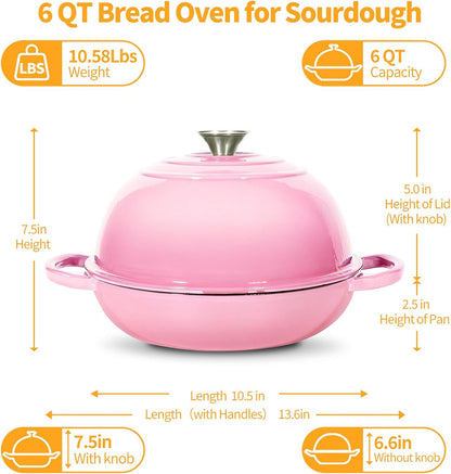 6QT Enameled Cast Iron Pink Dutch Oven For Sourdough Bread Baking