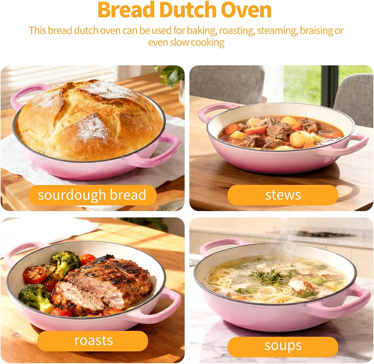 6QT Enameled Cast Iron Pink Dutch Oven For Sourdough Bread Baking