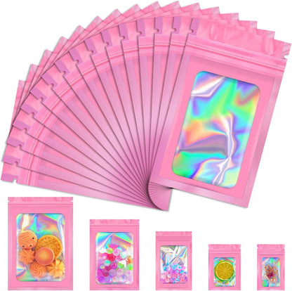 100 PCS Holographic Bags, Pink Mylar Bags, 3x5in Resealable Bags