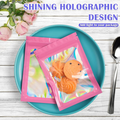 100 PCS Holographic Bags, Pink Mylar Bags, 3x5in Resealable Bags