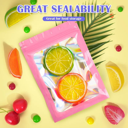 100 PCS Holographic Bags, Pink Mylar Bags, 3x5in Resealable Bags
