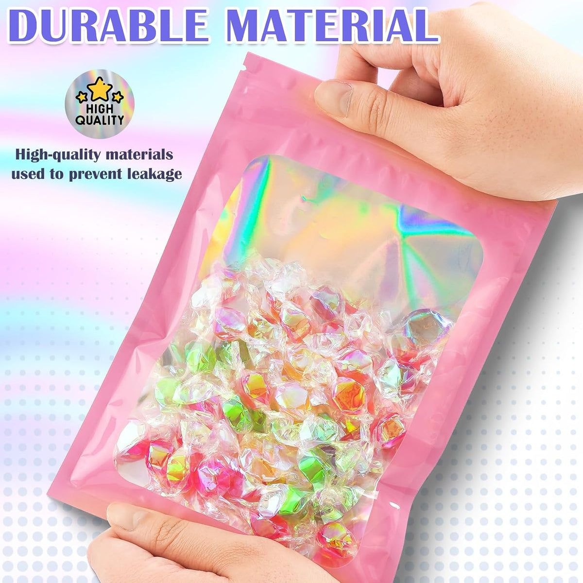 100 PCS Holographic Bags, Pink Mylar Bags, 3x5in Resealable Bags