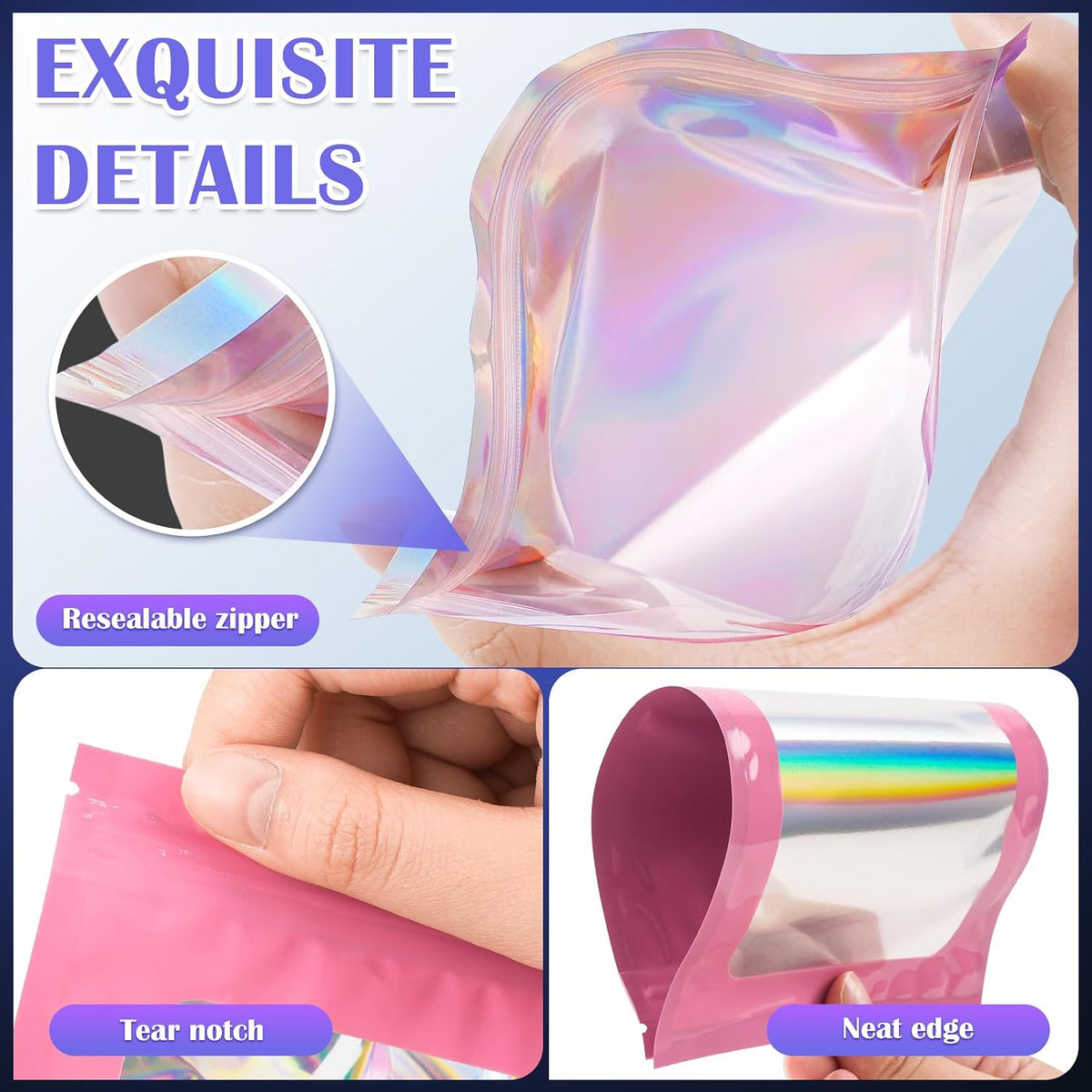 100 PCS Holographic Bags, Pink Mylar Bags, 3x5in Resealable Bags