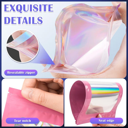 100 PCS Holographic Bags, Pink Mylar Bags, 3x5in Resealable Bags