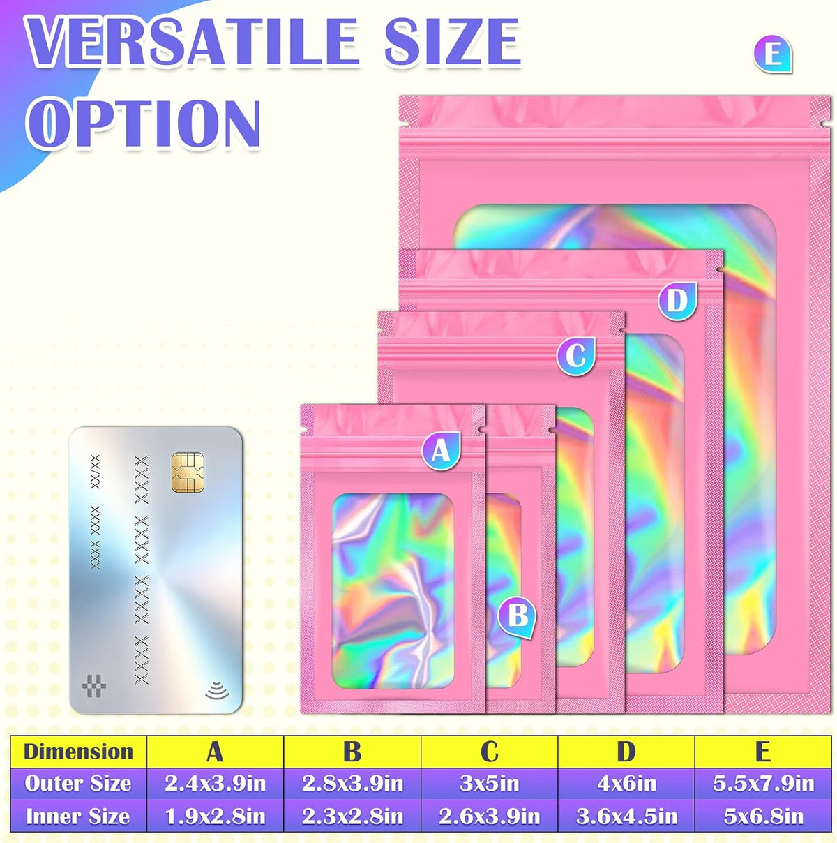 100 PCS Holographic Bags, Pink Mylar Bags, 3x5in Resealable Bags