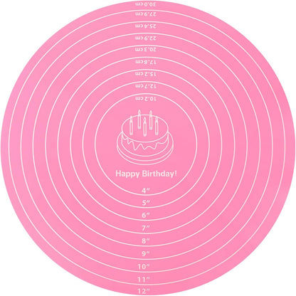 Silicone Baking Mat Cake Mat Round Silicone Baking Mat with Measurements for Cake Turntable Stand Pastry Baking Sheet, Non-Stick and Heat Resistant (Pink)