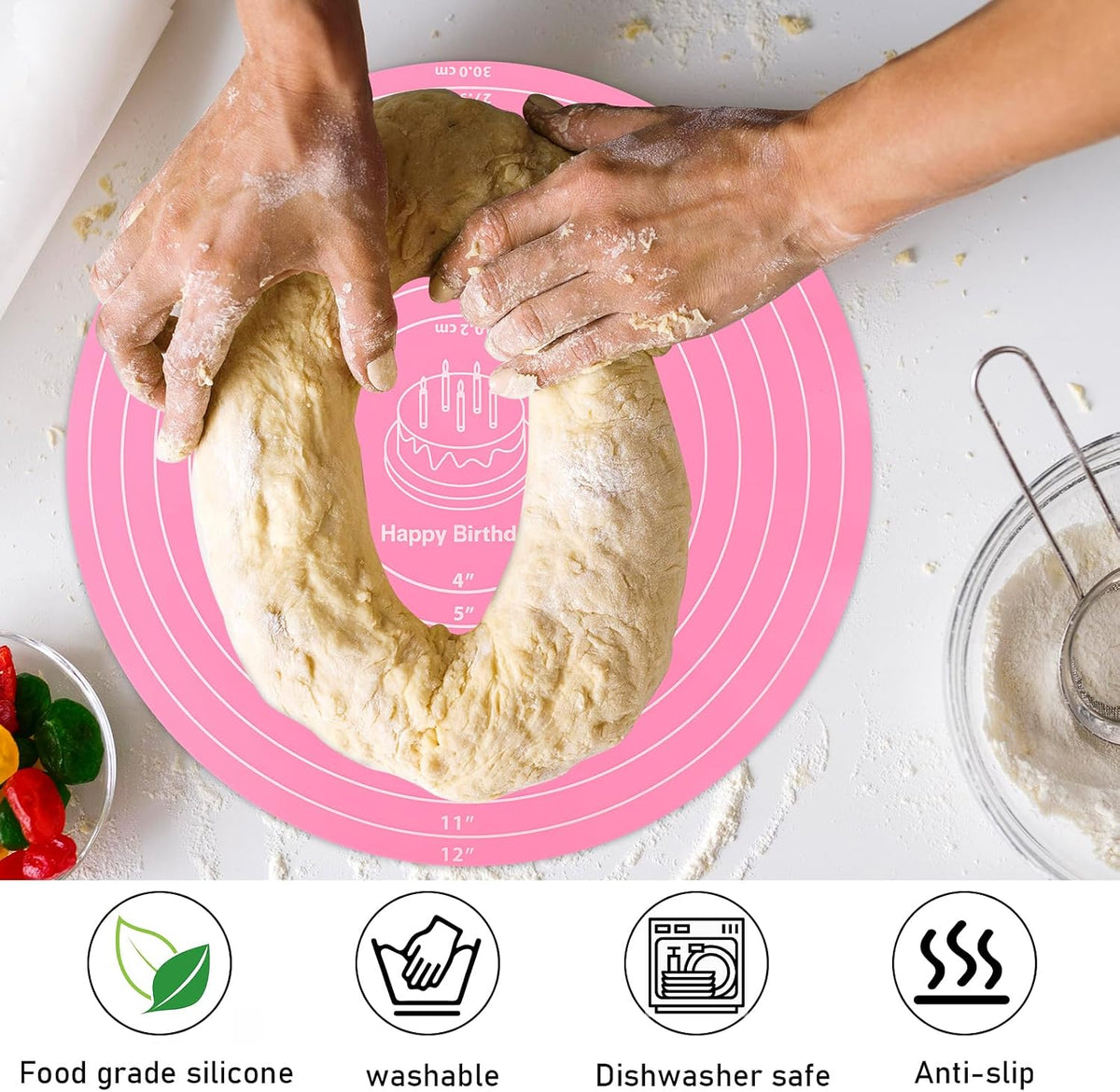 Silicone Baking Mat Cake Mat Round Silicone Baking Mat with Measurements for Cake Turntable Stand Pastry Baking Sheet, Non-Stick and Heat Resistant (Pink)