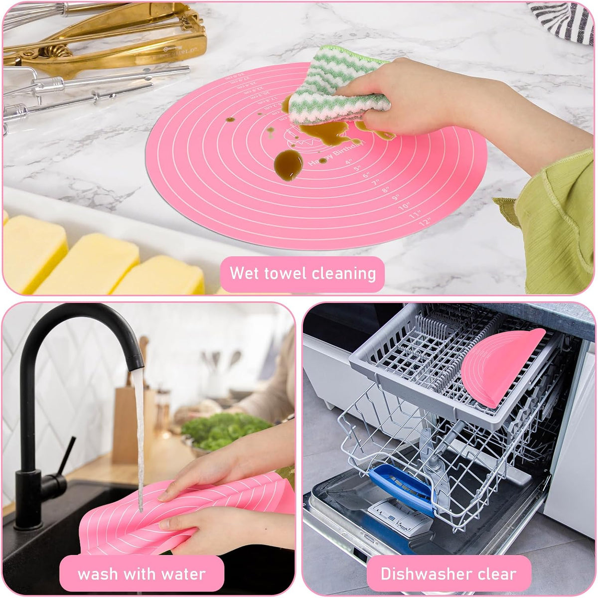 Silicone Baking Mat Cake Mat Round Silicone Baking Mat with Measurements for Cake Turntable Stand Pastry Baking Sheet, Non-Stick and Heat Resistant (Pink)
