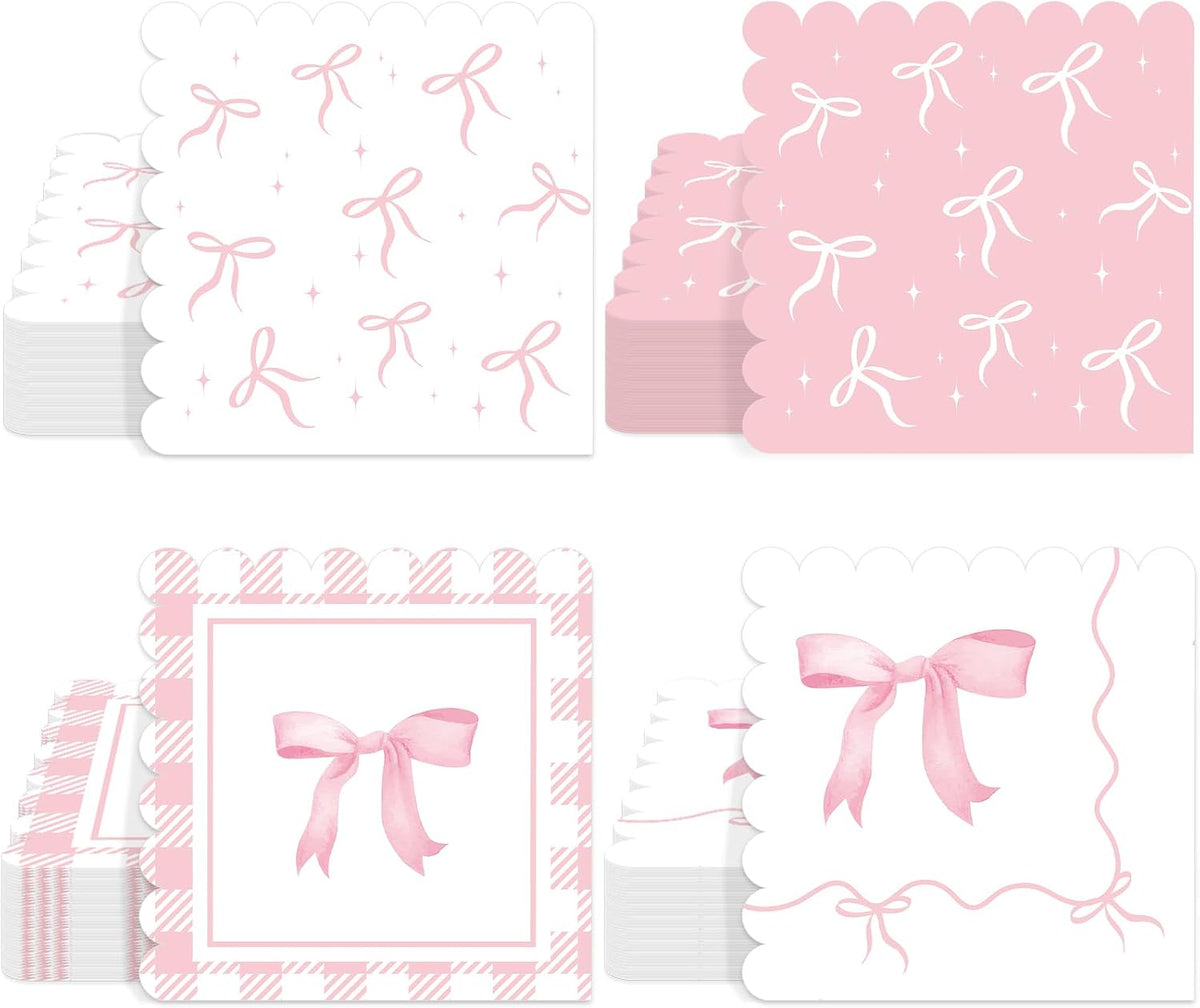60 Pcs Pink Bow Napkins Birthday Party Decorations Bows Theme Bachelorette Party Supplies Pink Bow Hand Towel Dinner Napkins Parties Decor for Girl Bridal Engagement Baby Shower Tea Ribbon Favors