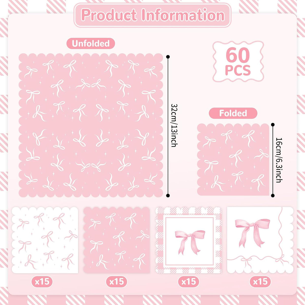 60 Pcs Pink Bow Napkins Birthday Party Decorations Bows Theme Bachelorette Party Supplies Pink Bow Hand Towel Dinner Napkins Parties Decor for Girl Bridal Engagement Baby Shower Tea Ribbon Favors