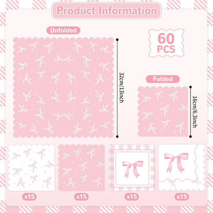 60 Pcs Pink Bow Napkins Birthday Party Decorations Bows Theme Bachelorette Party Supplies Pink Bow Hand Towel Dinner Napkins Parties Decor for Girl Bridal Engagement Baby Shower Tea Ribbon Favors