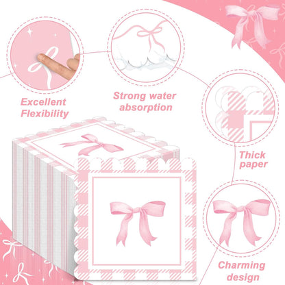 60 Pcs Pink Bow Napkins Birthday Party Decorations Bows Theme Bachelorette Party Supplies Pink Bow Hand Towel Dinner Napkins Parties Decor for Girl Bridal Engagement Baby Shower Tea Ribbon Favors