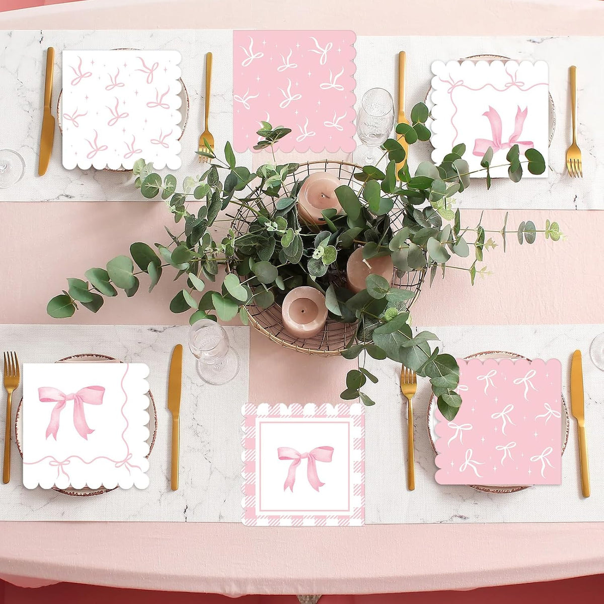 60 Pcs Pink Bow Napkins Birthday Party Decorations Bows Theme Bachelorette Party Supplies Pink Bow Hand Towel Dinner Napkins Parties Decor for Girl Bridal Engagement Baby Shower Tea Ribbon Favors