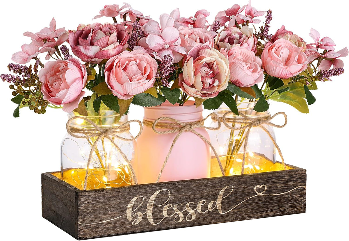 3 Pcs Mason Jar Table Centerpieces for Dining Room with Wood Tray&Led Light