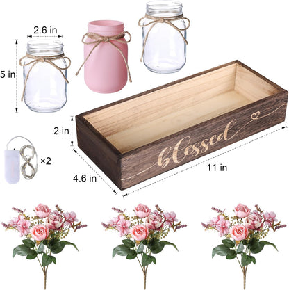 3 Pcs Mason Jar Table Centerpieces for Dining Room with Wood Tray&Led Light