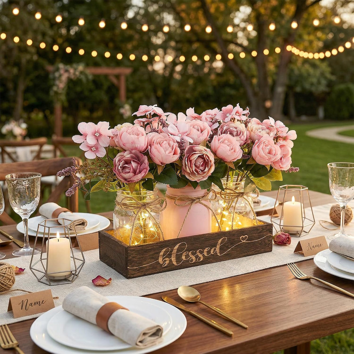3 Pcs Mason Jar Table Centerpieces for Dining Room with Wood Tray&Led Light