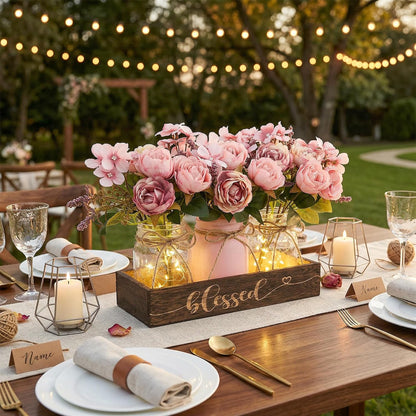 3 Pcs Mason Jar Table Centerpieces for Dining Room with Wood Tray&Led Light