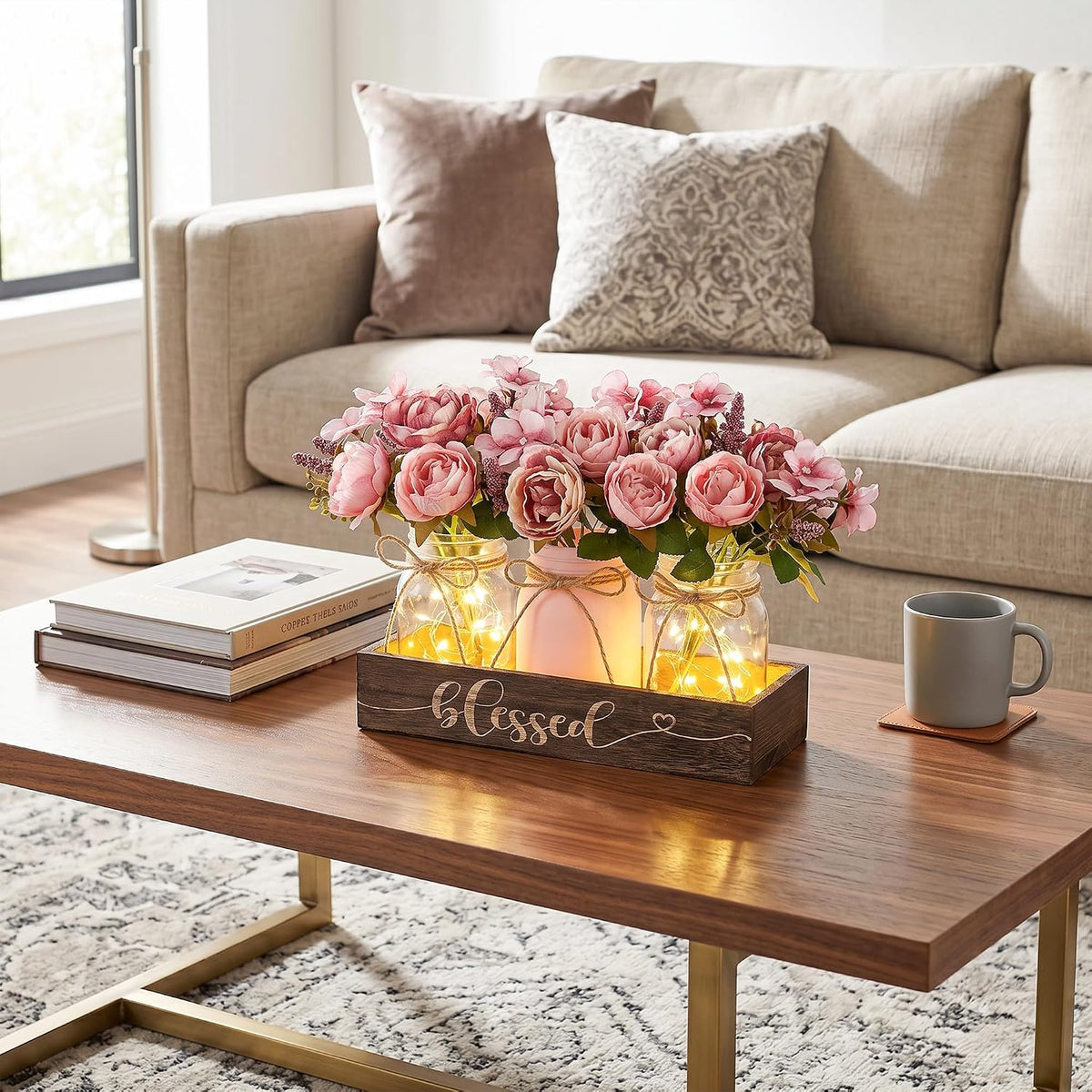 3 Pcs Mason Jar Table Centerpieces for Dining Room with Wood Tray&Led Light