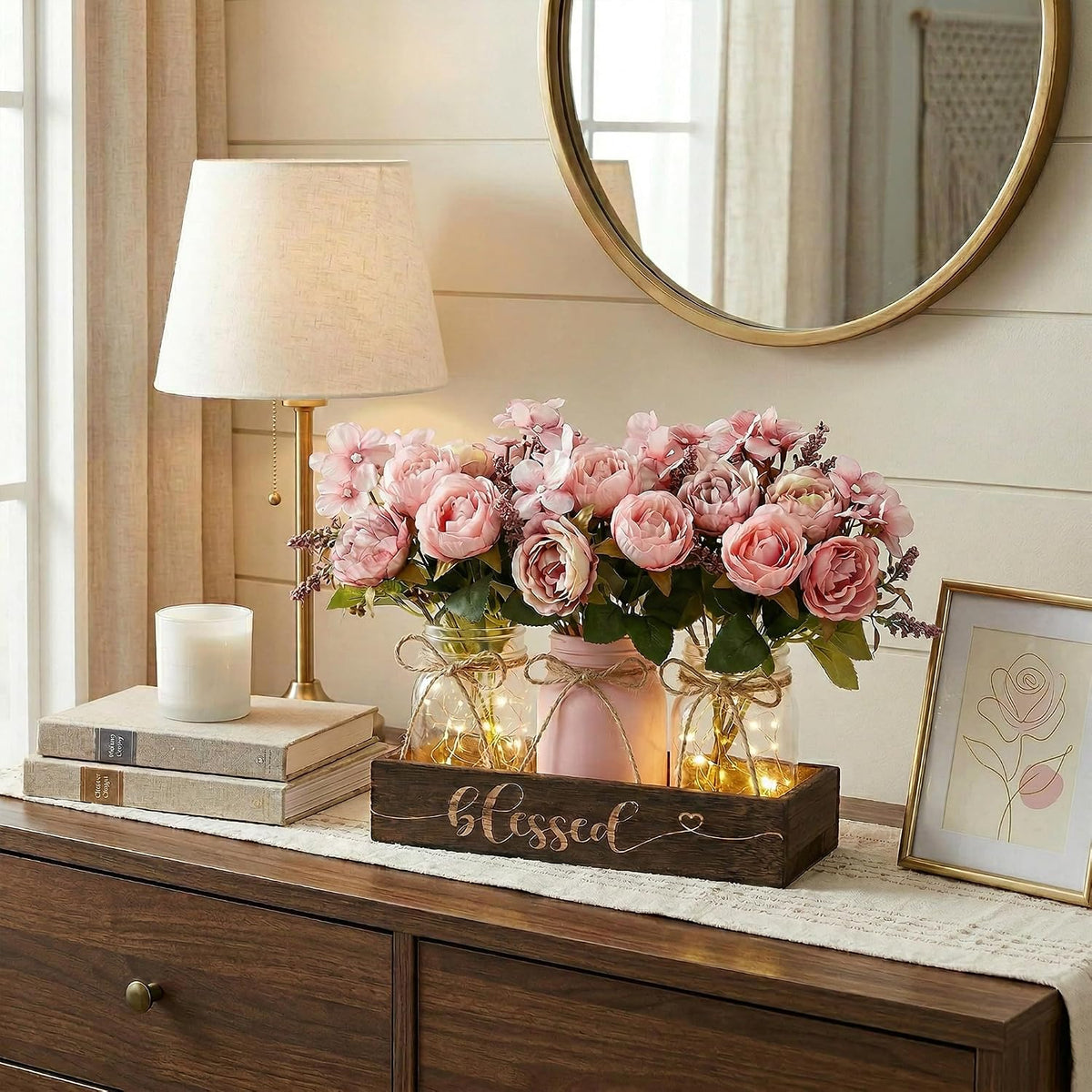 3 Pcs Mason Jar Table Centerpieces for Dining Room with Wood Tray&Led Light