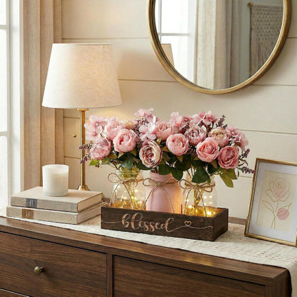 3 Pcs Mason Jar Table Centerpieces for Dining Room with Wood Tray&Led Light