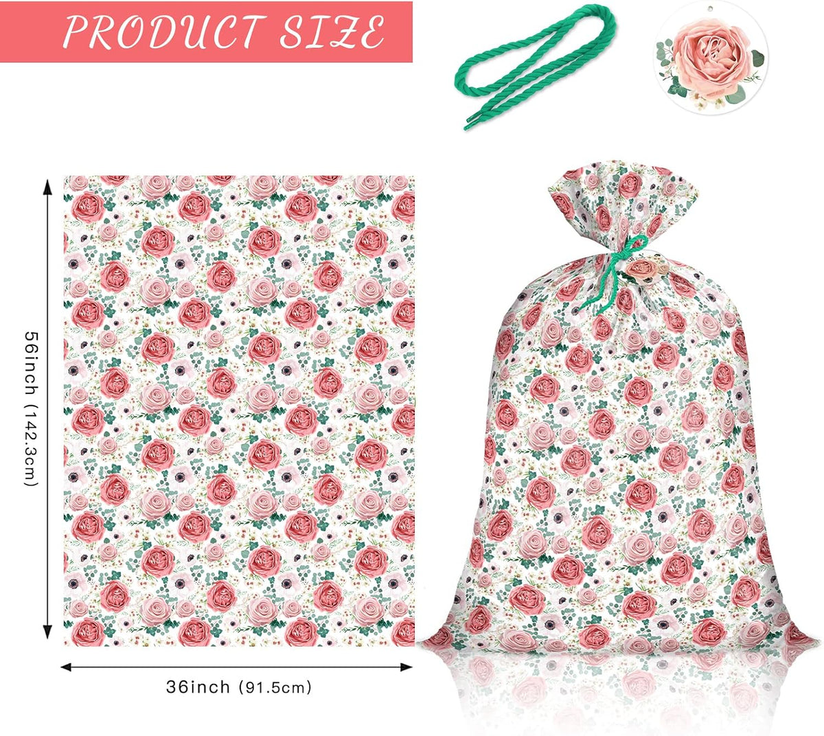 56" Large Plastic Gift Bag - Pink Floral Jumbo Bike Bag Gift Wrap for Birthdays, Mother's Day, Wedding, Baby Shower, Parties, or Any Occasion - 56" H x 36" W