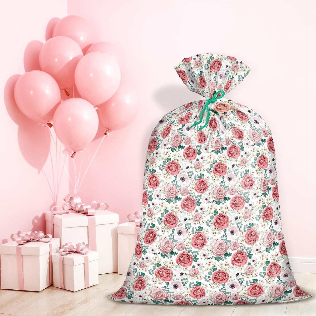 56" Large Plastic Gift Bag - Pink Floral Jumbo Bike Bag Gift Wrap for Birthdays, Mother's Day, Wedding, Baby Shower, Parties, or Any Occasion - 56" H x 36" W