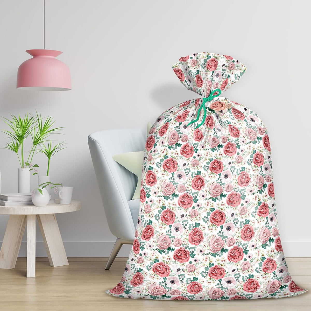 56" Large Plastic Gift Bag - Pink Floral Jumbo Bike Bag Gift Wrap for Birthdays, Mother's Day, Wedding, Baby Shower, Parties, or Any Occasion - 56" H x 36" W