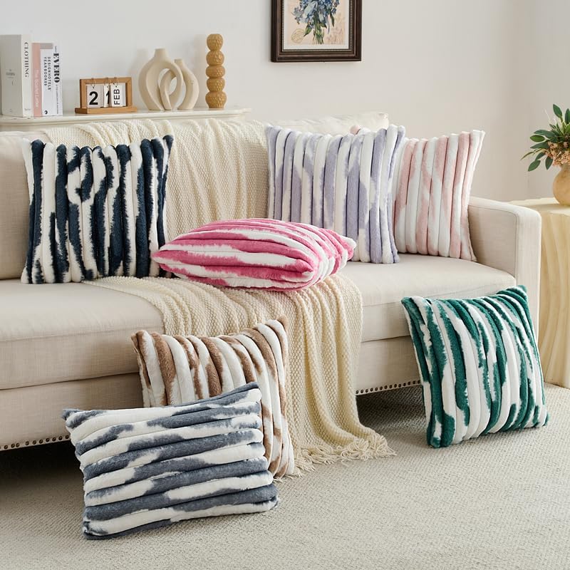 Pack of 2 Faux Fur Throw Pillow Covers 16x16 Inch, Pink White