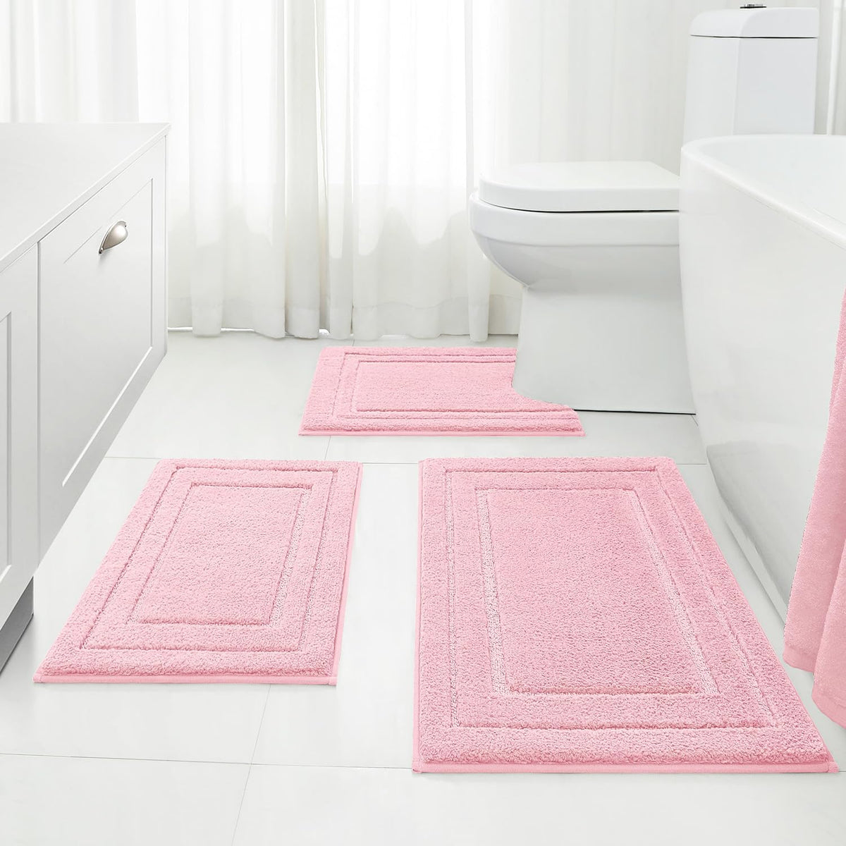 Light Pink Microfiber Bathroom Rugs Set of 3, Non Slip Bath Mats