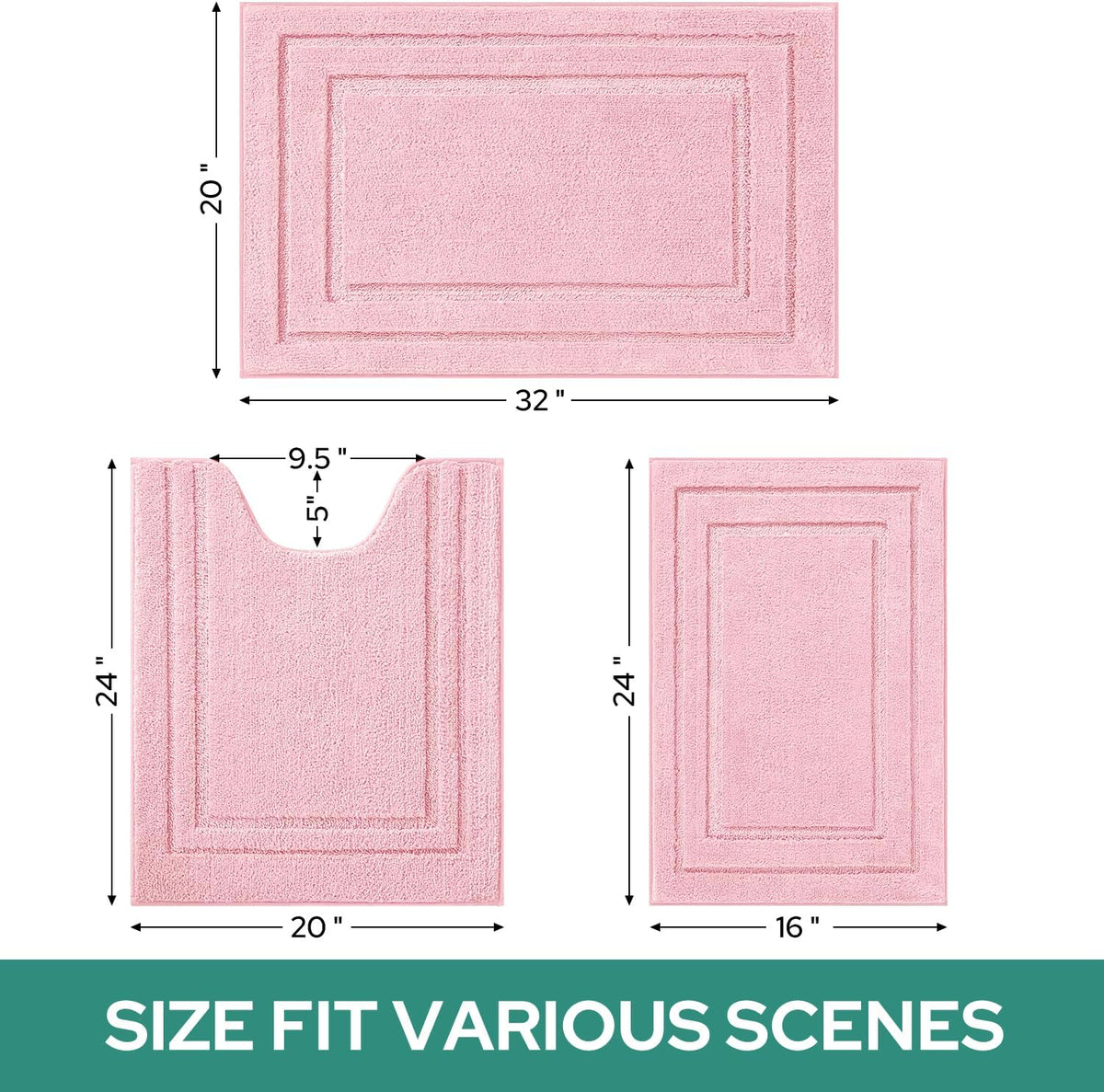 Light Pink Microfiber Bathroom Rugs Set of 3, Non Slip Bath Mats