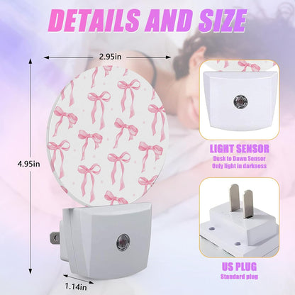 Pink Bow Night Light Ribbon Night Lights LED Lamp Round Plug into Wall Nightlight with Dusk to Dawn Sensor Home Hallway Stairway Kitchen Decor