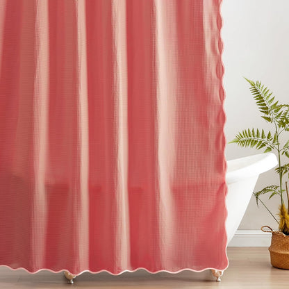 Scalloped Waffle Weave Shower Curtain with Rustproof Metal Grommet Holes for Bathroom, Machine Washable, Hooks Included (72x72 inch, Light Coral/Coral)