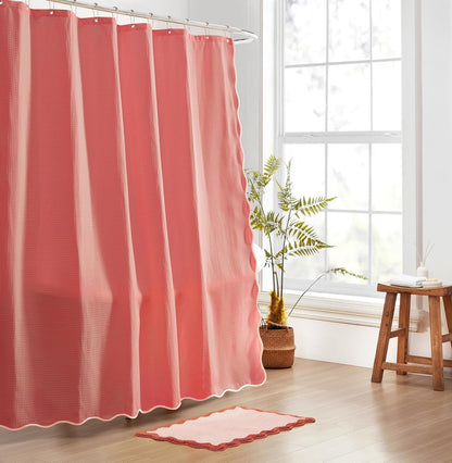 Scalloped Waffle Weave Shower Curtain with Rustproof Metal Grommet Holes for Bathroom, Machine Washable, Hooks Included (72x72 inch, Light Coral/Coral)