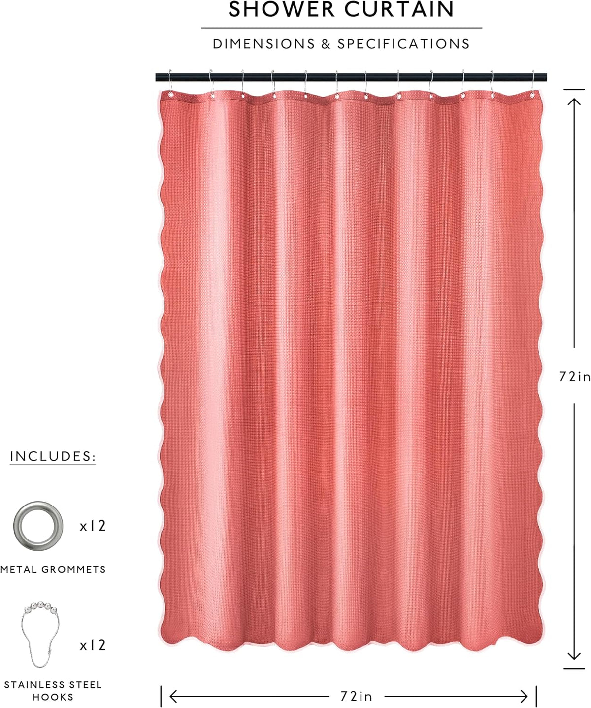 Scalloped Waffle Weave Shower Curtain with Rustproof Metal Grommet Holes for Bathroom, Machine Washable, Hooks Included (72x72 inch, Light Coral/Coral)