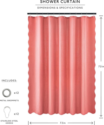 Scalloped Waffle Weave Shower Curtain with Rustproof Metal Grommet Holes for Bathroom, Machine Washable, Hooks Included (72x72 inch, Light Coral/Coral)