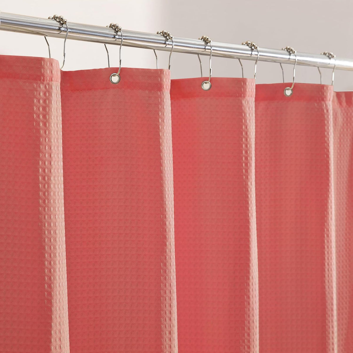 Scalloped Waffle Weave Shower Curtain with Rustproof Metal Grommet Holes for Bathroom, Machine Washable, Hooks Included (72x72 inch, Light Coral/Coral)