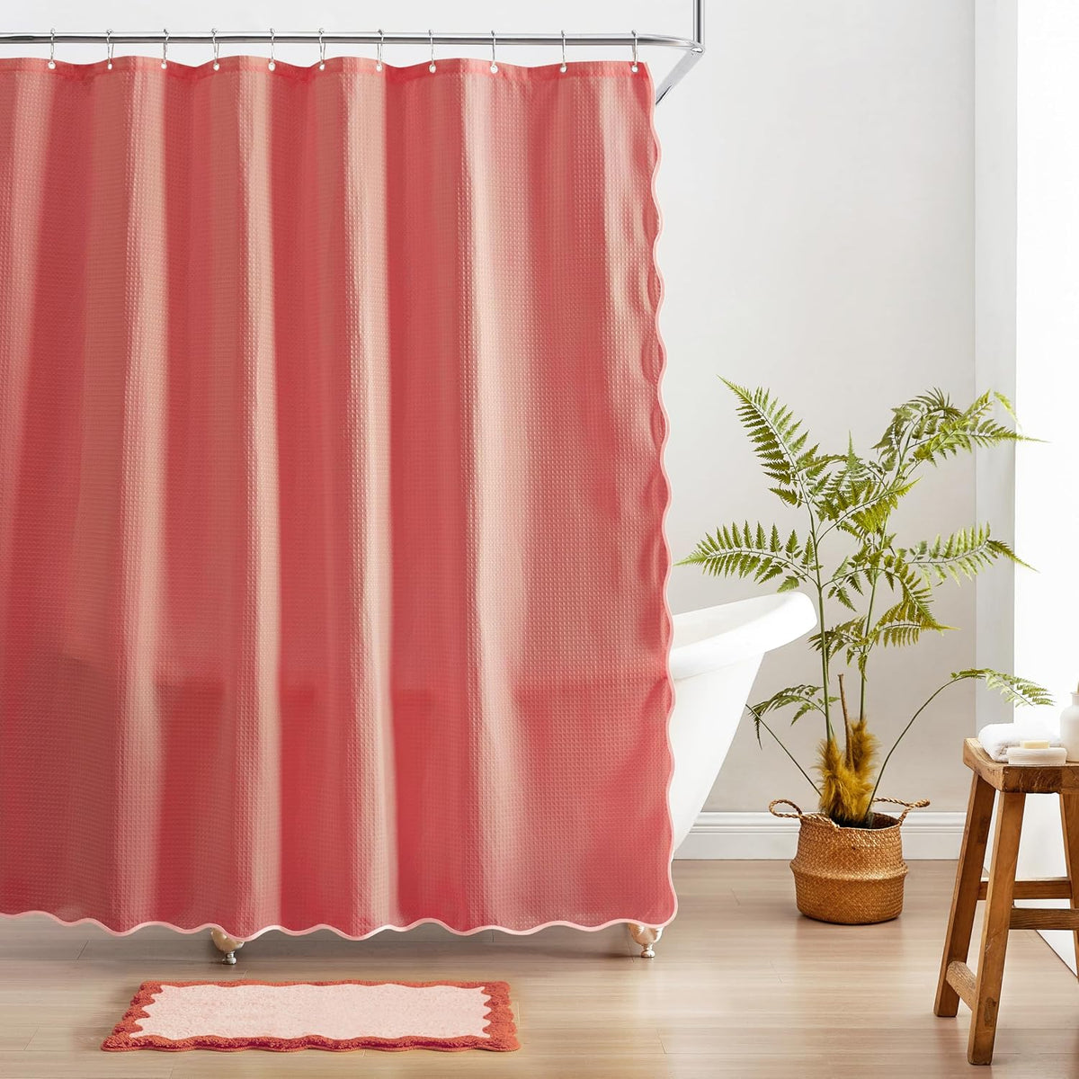 Scalloped Waffle Weave Shower Curtain with Rustproof Metal Grommet Holes for Bathroom, Machine Washable, Hooks Included (72x72 inch, Light Coral/Coral)