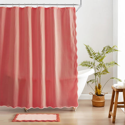 Scalloped Waffle Weave Shower Curtain with Rustproof Metal Grommet Holes for Bathroom, Machine Washable, Hooks Included (72x72 inch, Light Coral/Coral)