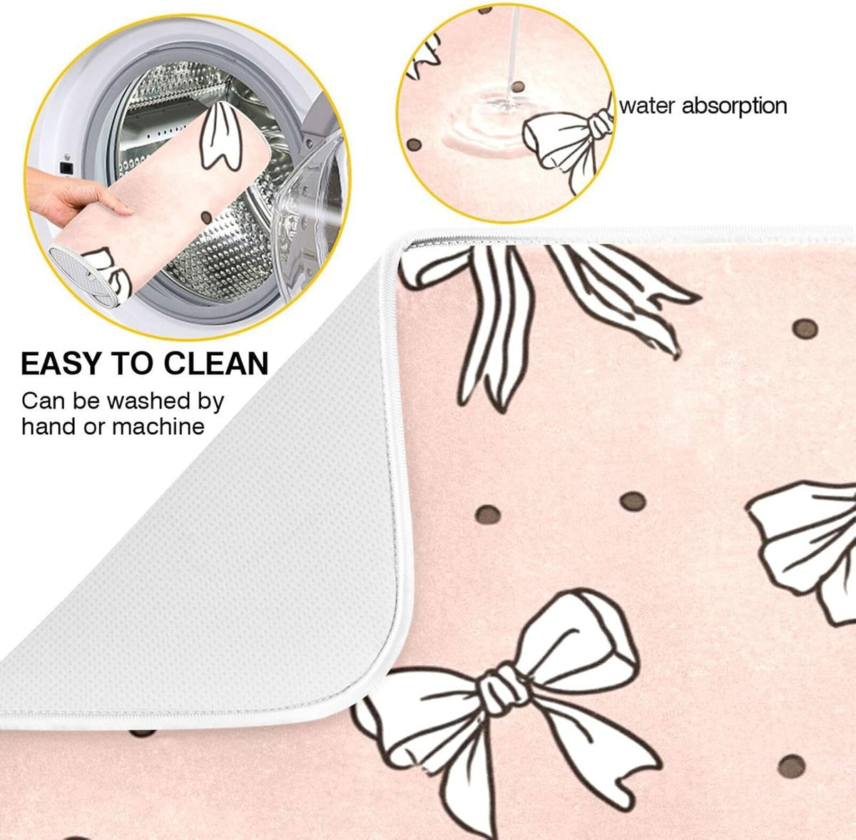 Cute Bow Light Pink Cute Dish Drying Mat Absorbent Dishes Drainer Rack Mats Microfiber Reversible Dish Drying Pad Fast Dry Kitchen Accessories 16x18in For Kitchen Counter