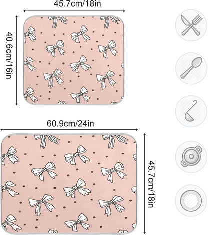 Cute Bow Light Pink Cute Dish Drying Mat Absorbent Dishes Drainer Rack Mats Microfiber Reversible Dish Drying Pad Fast Dry Kitchen Accessories 16x18in For Kitchen Counter
