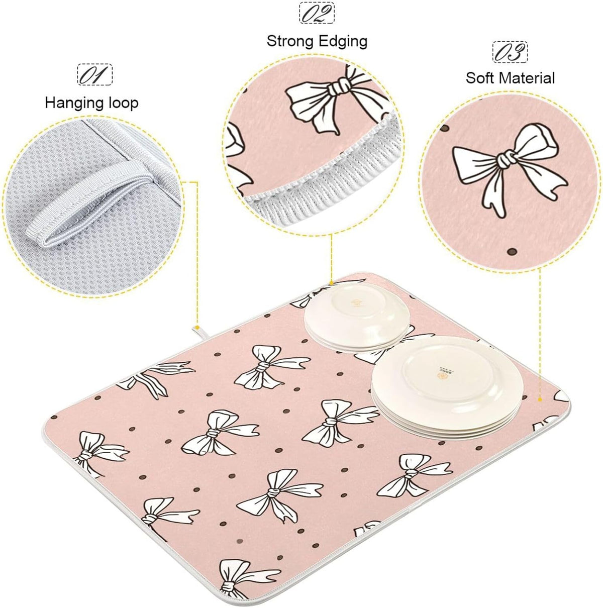 Cute Bow Light Pink Cute Dish Drying Mat Absorbent Dishes Drainer Rack Mats Microfiber Reversible Dish Drying Pad Fast Dry Kitchen Accessories 16x18in For Kitchen Counter