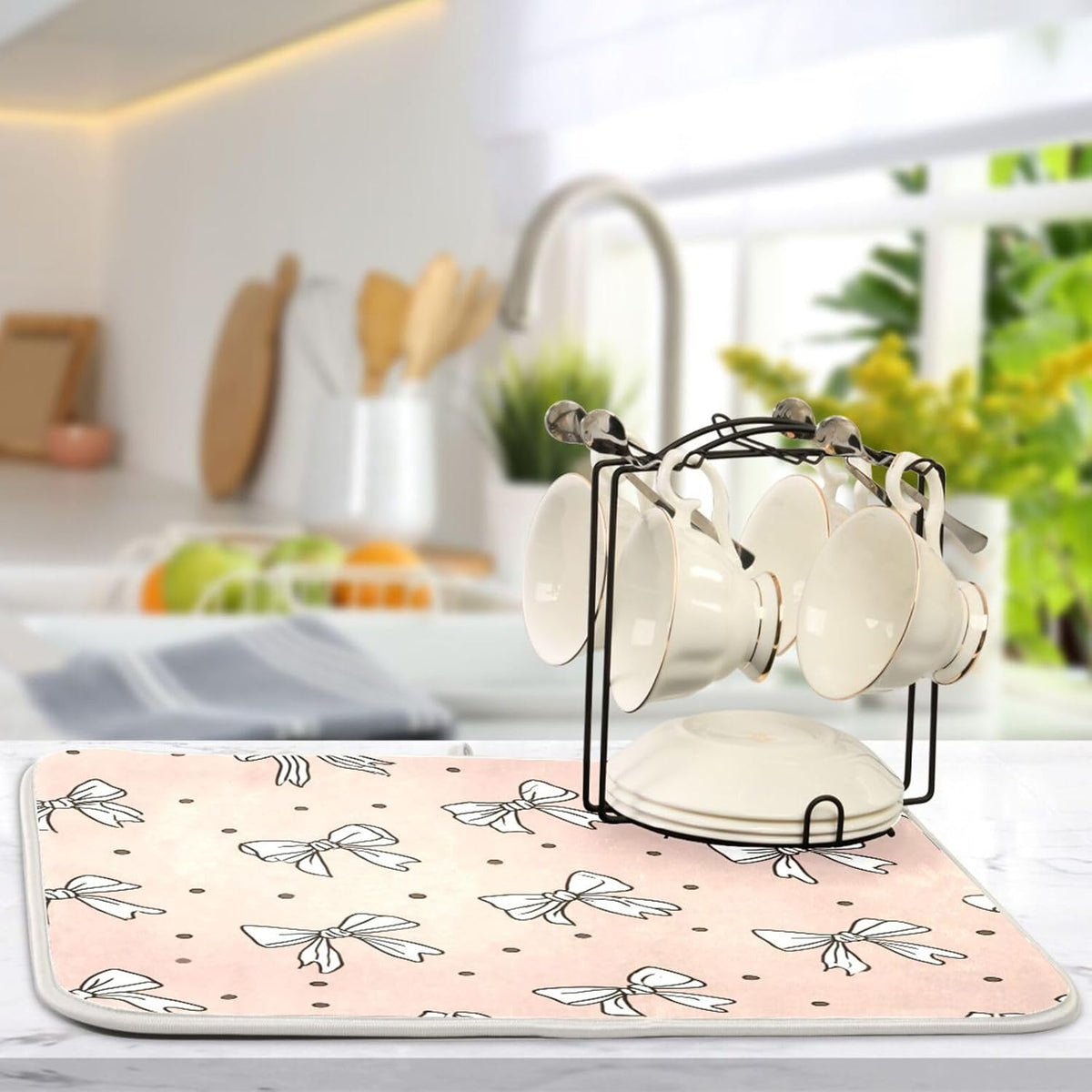 Cute Bow Light Pink Cute Dish Drying Mat Absorbent Dishes Drainer Rack Mats Microfiber Reversible Dish Drying Pad Fast Dry Kitchen Accessories 16x18in For Kitchen Counter