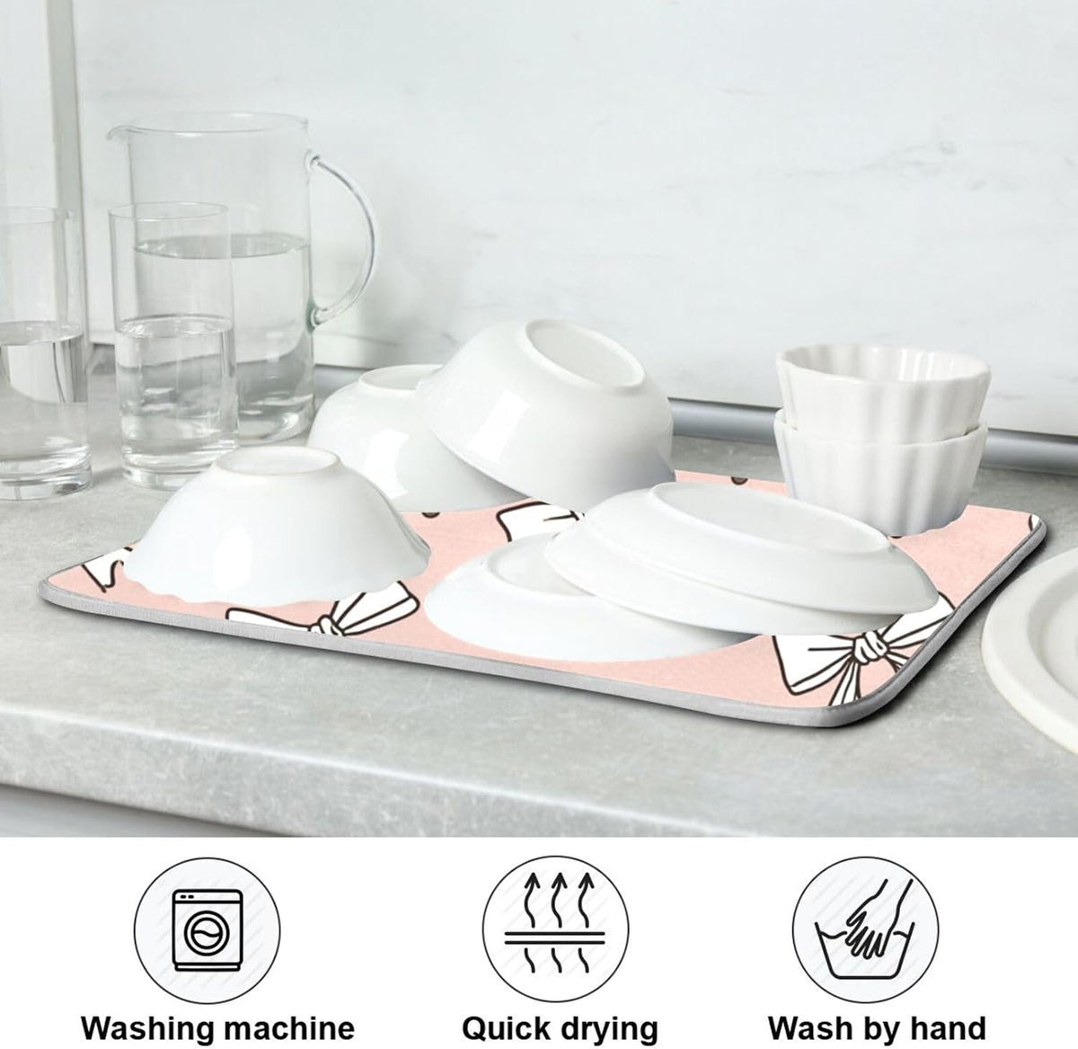 Cute Bow Light Pink Cute Dish Drying Mat Absorbent Dishes Drainer Rack Mats Microfiber Reversible Dish Drying Pad Fast Dry Kitchen Accessories 16x18in For Kitchen Counter